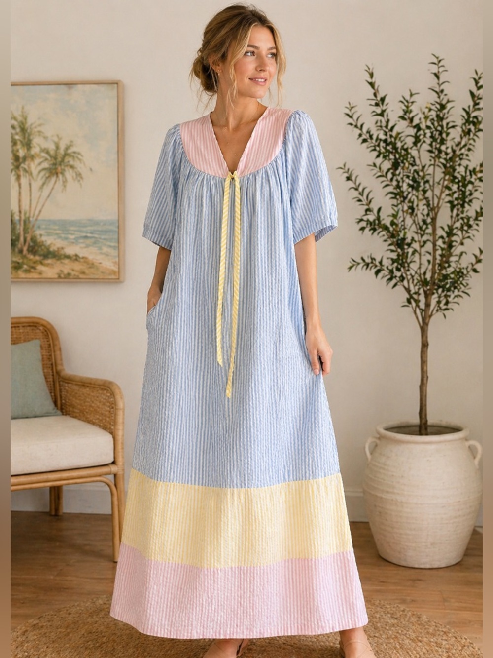 Vintage Saybury Seersucker Colorblock Maxi Dress Pastel Stripe M